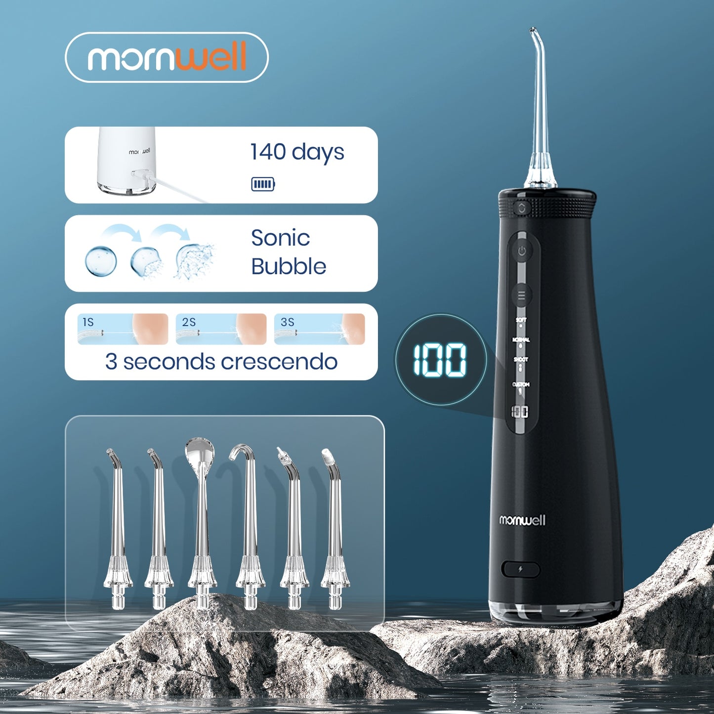 Limpeza entre os Dentes com um Jato Poderoso de Água.  Mornwell 5032 - Aparelho Sônico Doméstico